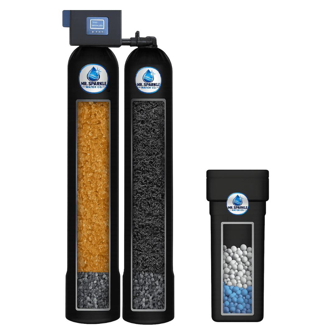 Whole-home filtration and softening system with the Mr. Sparkle Water Co. logo