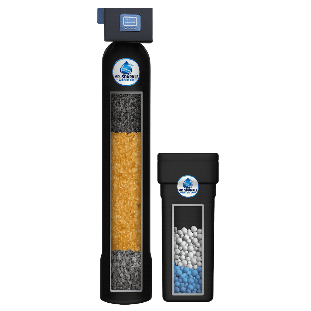Water softener tank and brine tank with the Mr. Sparkle Water Co. logo