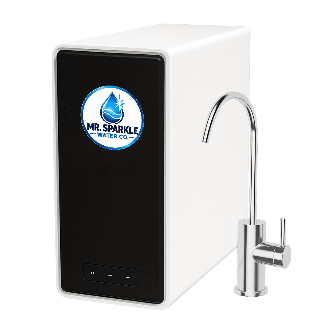 Under-sink reverse osmosis unit with faucet and the Mr. Sparkle Water Co. logo